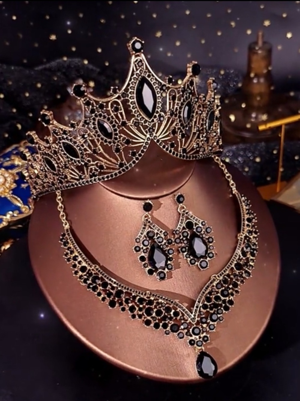 Gothic Bridal Set-Black Rhinestone Royal Crown, Necklace & Earrings